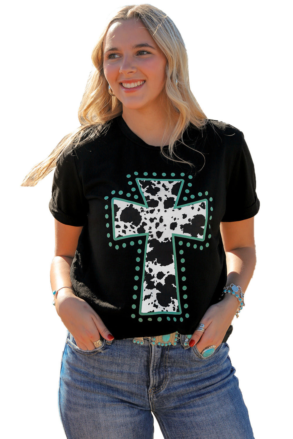 Black Animal Cross Graphic Round Neck Tee