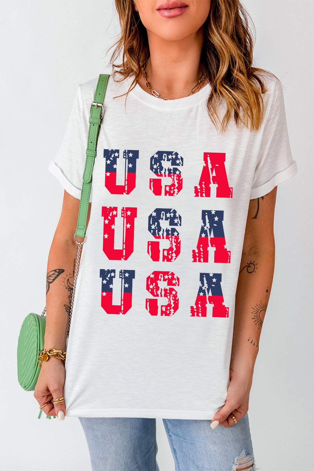 White Flag Day Star USA Graphic Round Neck T Shirt