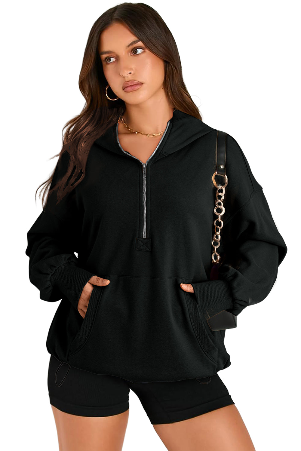 Bonbon Kangaroo Pocket Half Zipper Oversized Hoodie