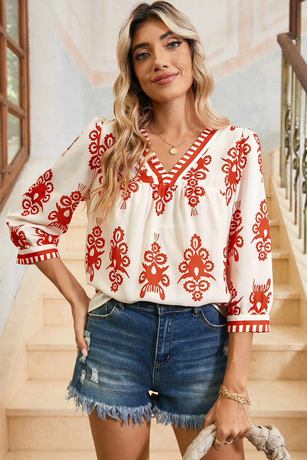 Beige Ethnic Abstract Print Puff Sleeve V Neck Blouse