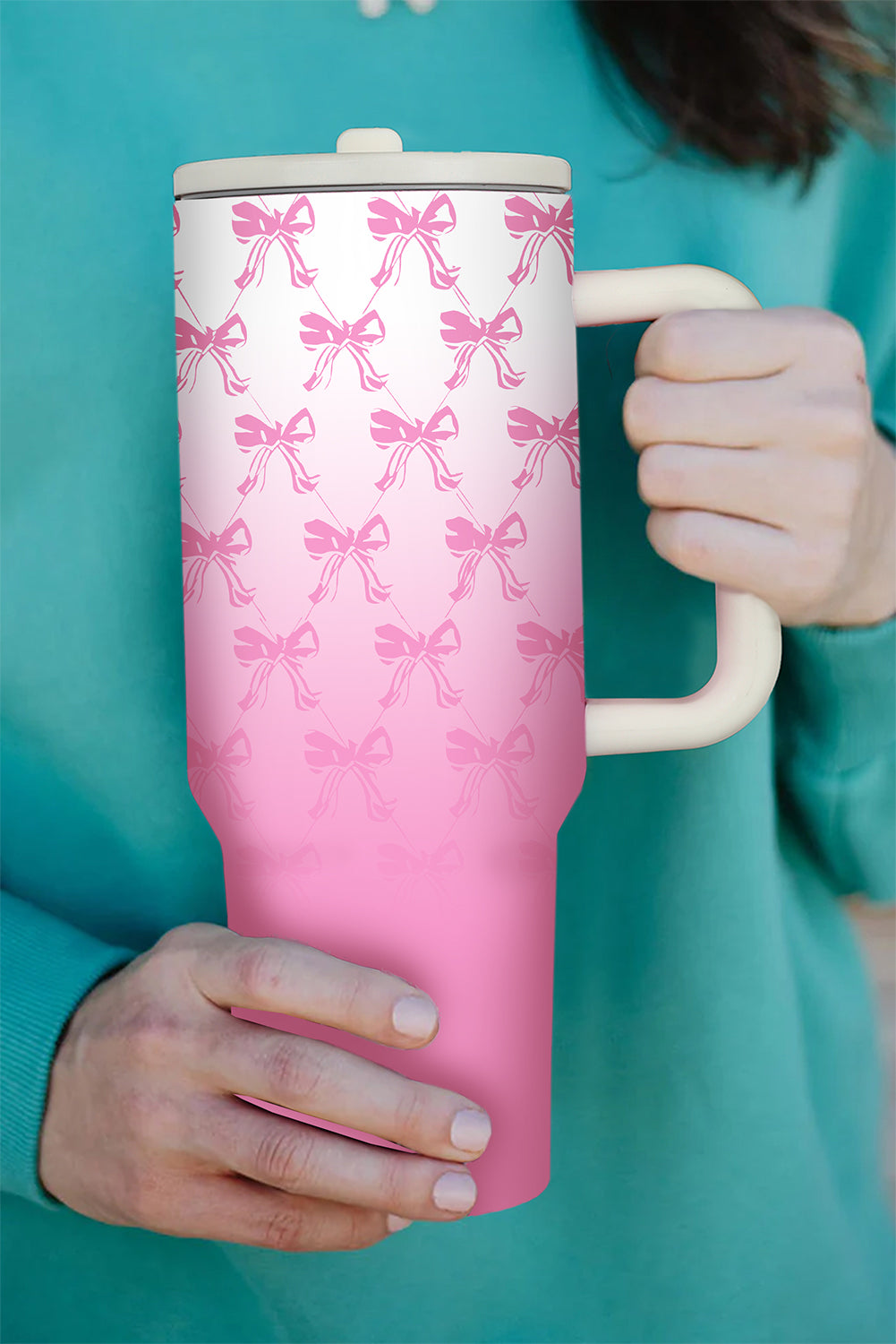 Pink Gradient Bow Print Tumbler Cup