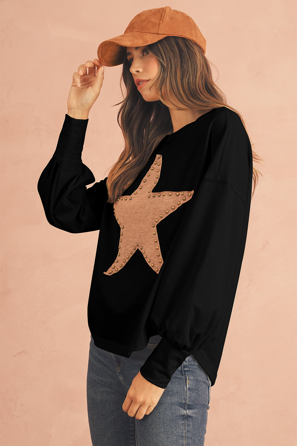 Black Studded Star Graphic Oversized Top