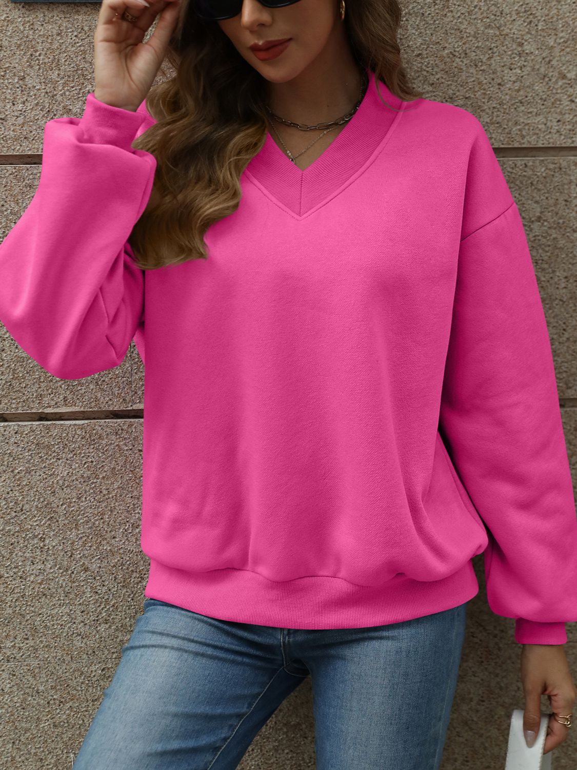 V-Neck Long Sleeve Dropped Shoulder Sweatshirt