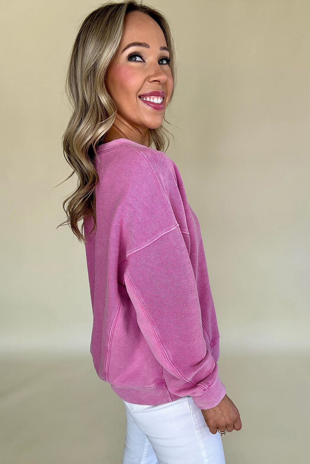 Bright Pink Notched Neck Exposed Seam Drop Shoulder Sweatshirt