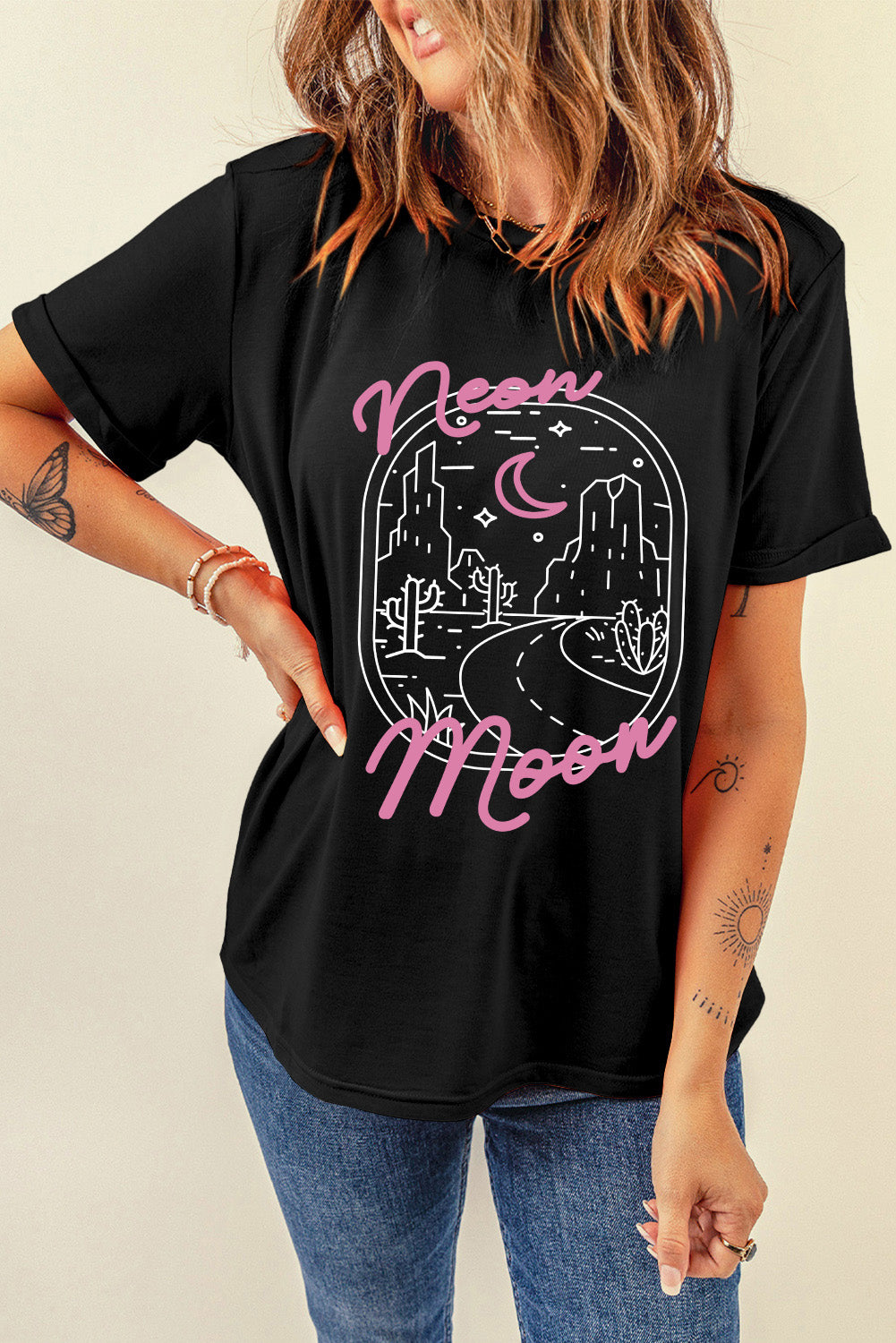 Black Tropical neon moon Letter Graphic Short Sleeve T Shirt