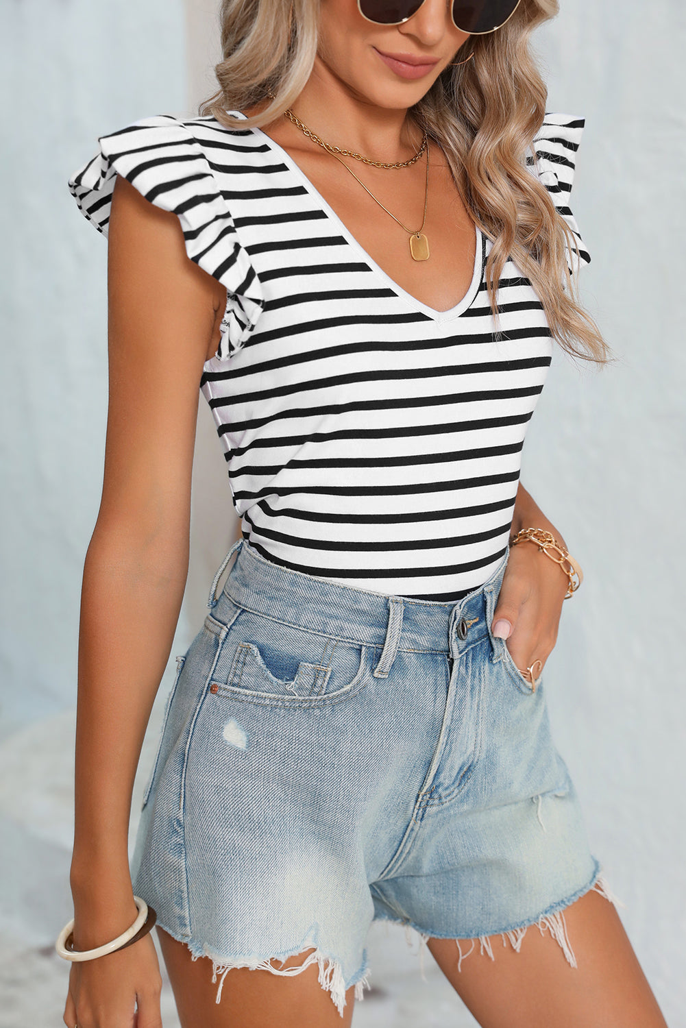 White Stripe V Neck Knotted Backless Ruffle T Shirt