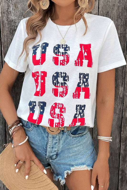 White Flag Day Star USA Graphic Round Neck T Shirt