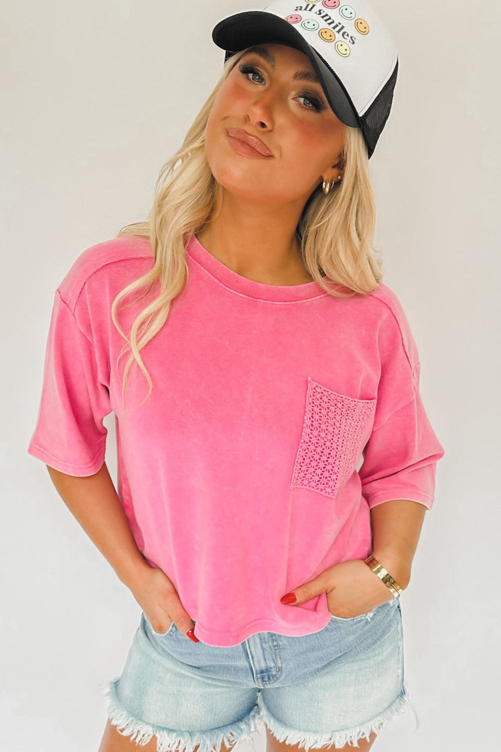 Pink Washed Short Sleeve T Shirt with Crochet Pocket