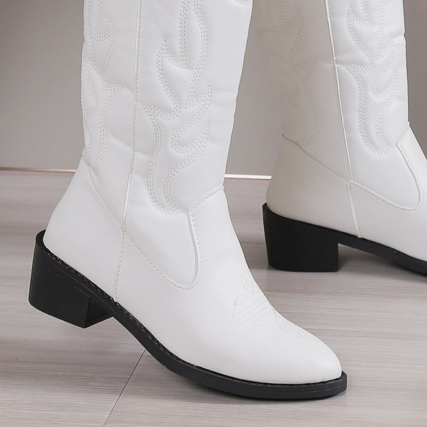 PU Leather Point Toe Block Heel Boots